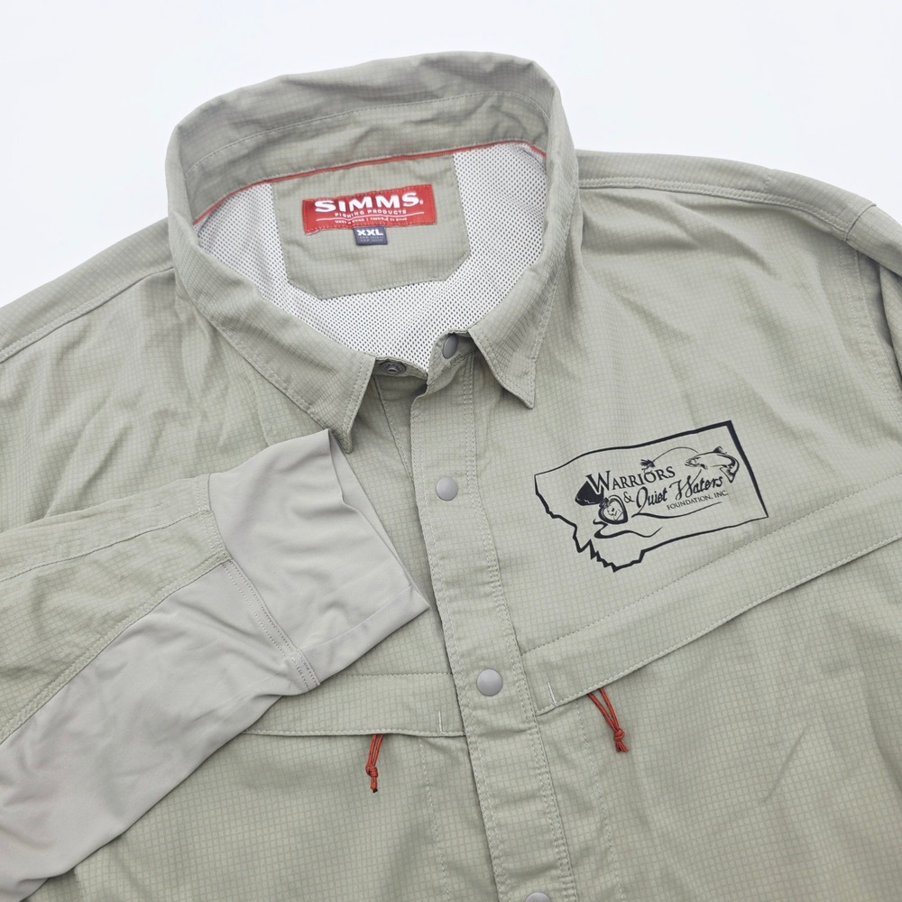 Simms Fishing Shirt Mens XXL Tan Ultralight Long Sleeve Warriors Quiet Montana